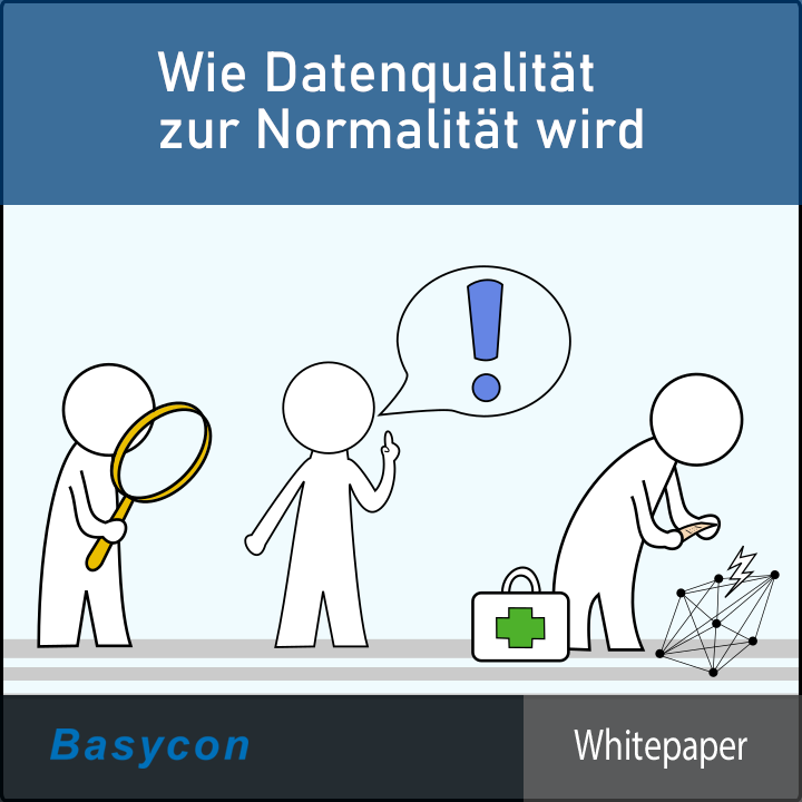 Cartoon mit 3 Personen, eine analysiert mit einer Lupe, eine erklärt und eine behandelt einen Datenwürfel.